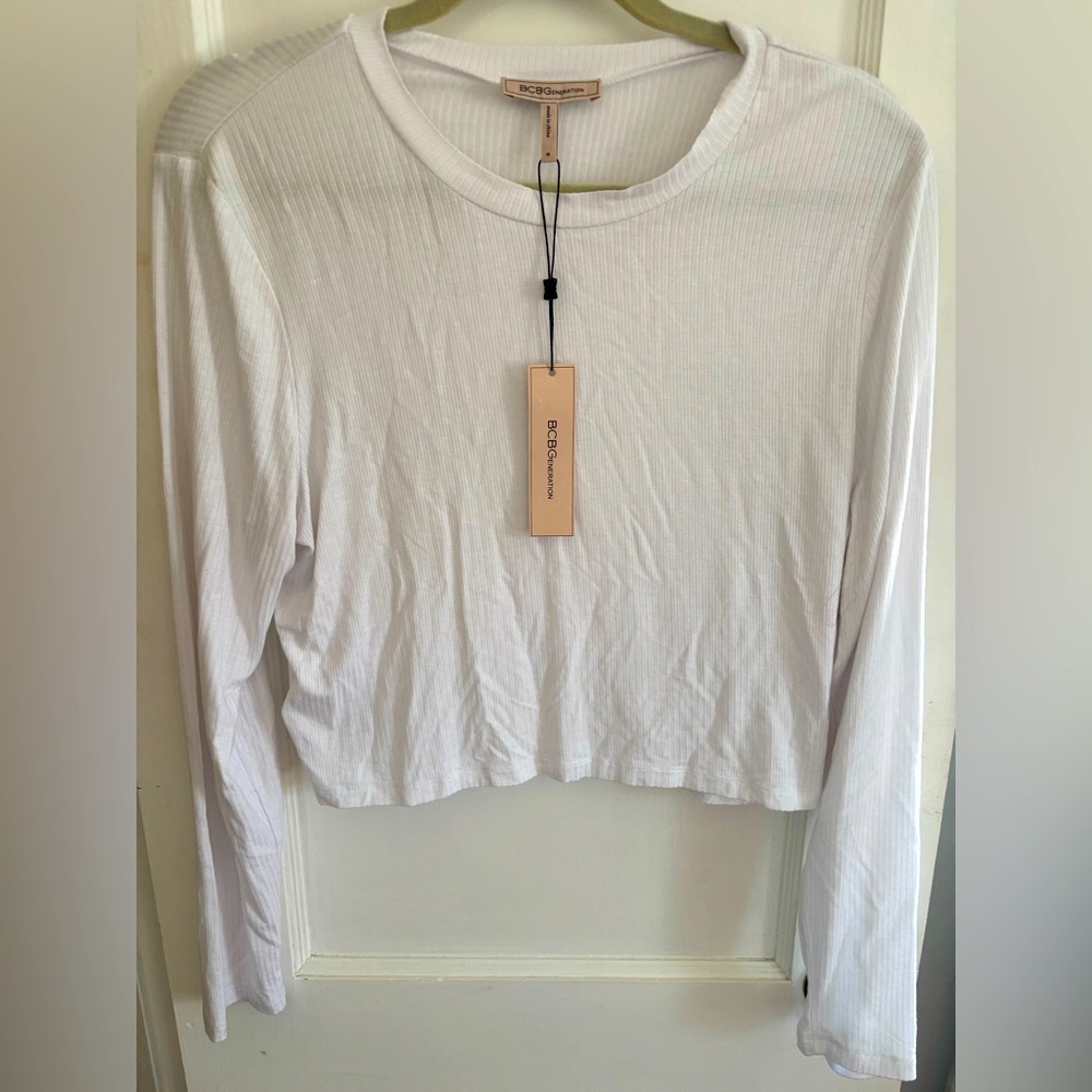 BCBG BCBGeneration Brand NWT Ribbed White Long Sleeve Crop Top Size XL